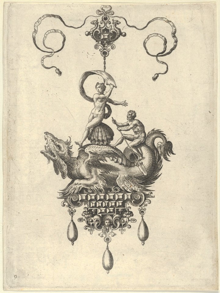 Pendant Design with a Winged Sea Monster Carrying Venus Anadyomene on a Shell and a Man with an Oar MET DP837414