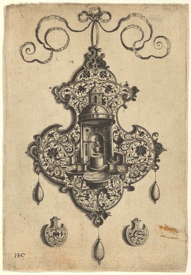 Pendant Design with a Circular Temple and Burning Pot Above Axe-Shaped Ornaments MET DP837379