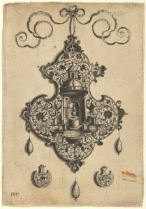Pendant Design with a Circular Temple and Burning Pot Above Axe-Shaped Ornaments MET DP837379