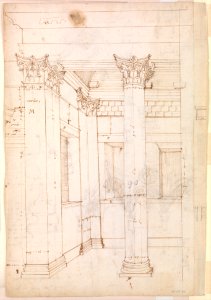 Pantheon, entablature and column pilaster capital, projection; rosette, details; capital profile; base, profile; pilaster, plan (recto) Pantheon, rectangular niche, perspective (verso) MET DP302103