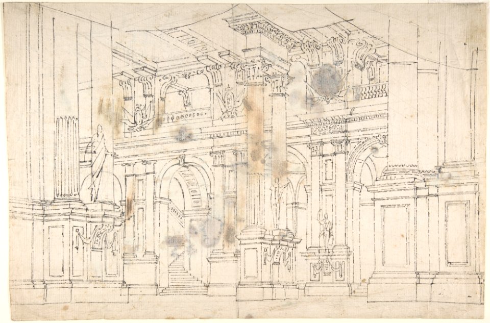 Outline Drawing- Stage Set Design for a Performance of "Iphigenia". Verso- Two Designs for Palace Interiors. MET DP801353