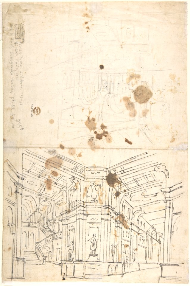 Outline Drawing- Stage Set Design for a Performance of "Iphigenia". Verso- Two Designs for Palace Interiors. MET DP801354