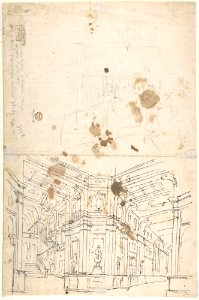 Outline Drawing- Stage Set Design for a Performance of "Iphigenia". Verso- Two Designs for Palace Interiors. MET DP801354