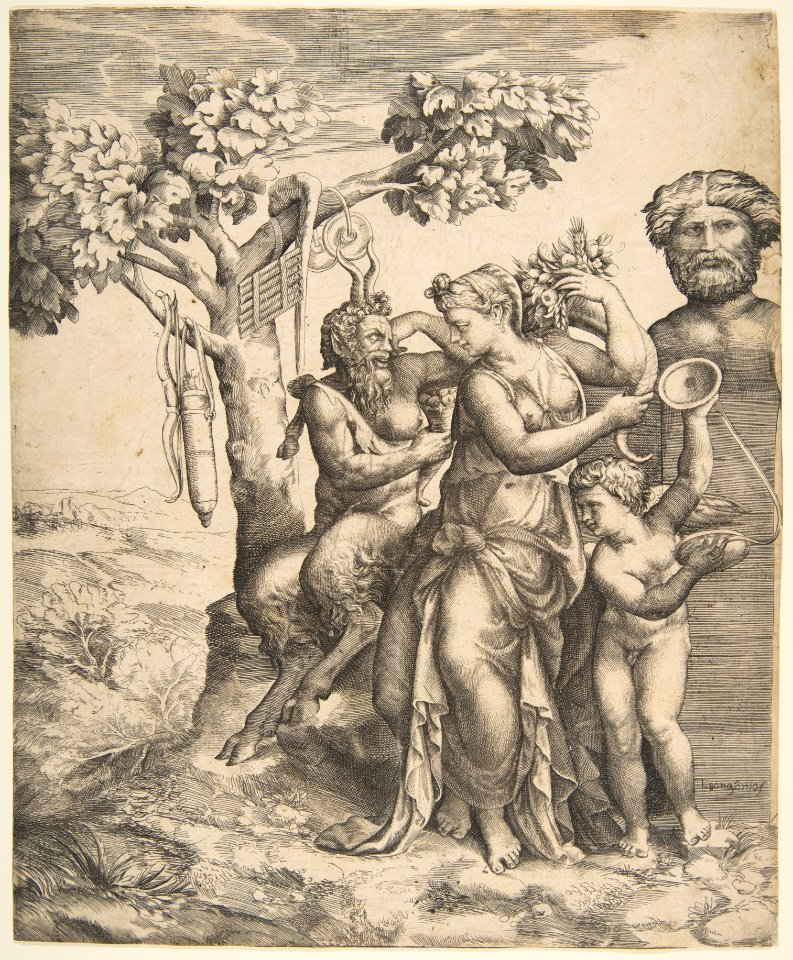 Pan at the left seated next to a standing nymph, to the right Cupid holding cymbals MET DP812761