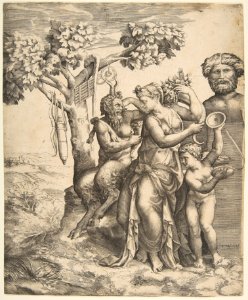 Pan at the left seated next to a standing nymph, to the right Cupid holding cymbals MET DP812761
