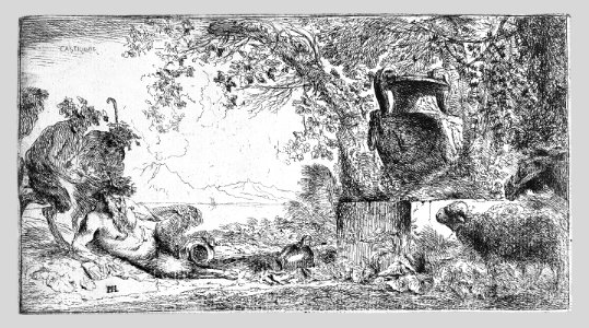 Pan reclincing near a large vase set in a landscape MET 17.50.17.464