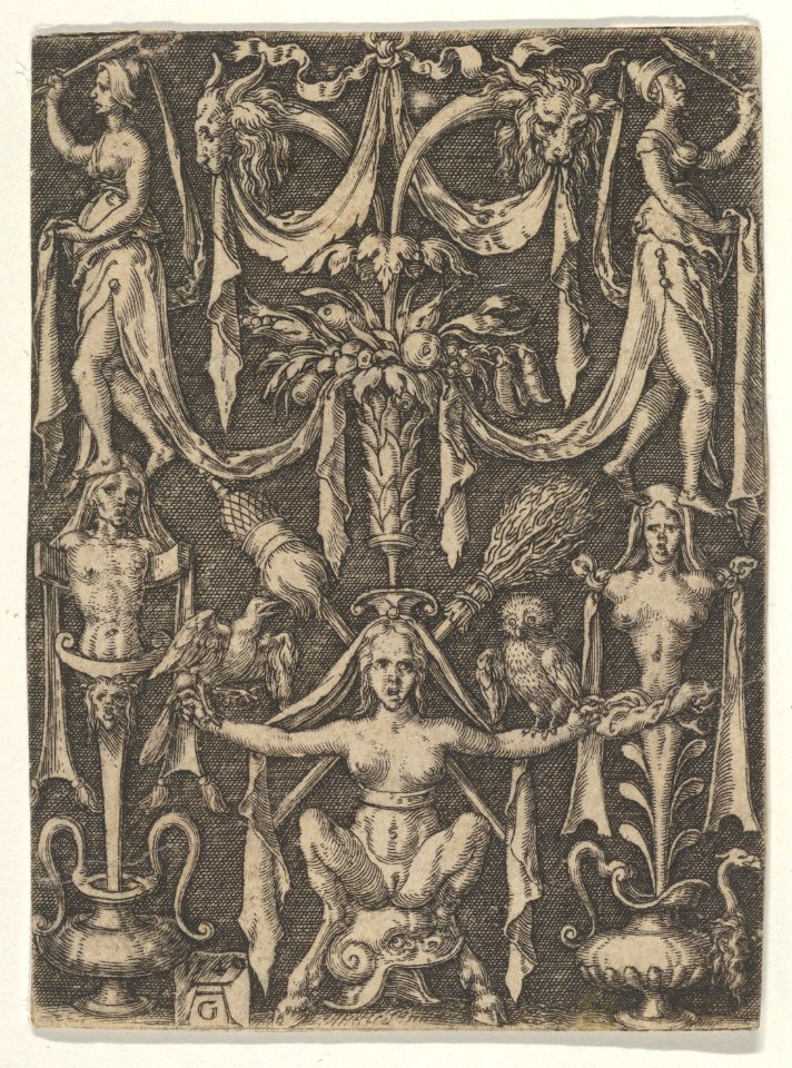 Panel with a Candelabrum Containing a Female Satyr Seated on a Helmet MET DP836778