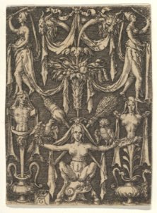 Panel with a Candelabrum Containing a Female Satyr Seated on a Helmet MET DP836778