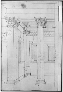 Pantheon, entablature and column pilaster capital, projection; rosette, details; capital profile; base, profile; pilaster, plan (recto) Pantheon, rectangular niche, perspective (verso) MET sf68 769 68v-MM43718