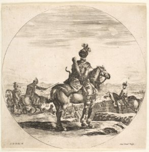 Polish horseman with a bow and arrow, seen from behind with his horse facing right, a circular composition, from 'Figures on Horseback' (Cavaliers nègres, polonais et hongrois) MET DP817572