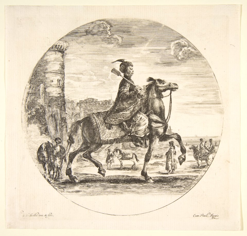 Polish horseman in profile facing right, a tower and other figures on horses in background, a circular composition, from 'Figures on Horseback' (Cavaliers nègres, polonais et hongrois) MET DP817546