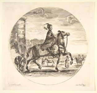 Polish horseman in profile facing right, a tower and other figures on horses in background, a circular composition, from 'Figures on Horseback' (Cavaliers nègres, polonais et hongrois) MET DP817546