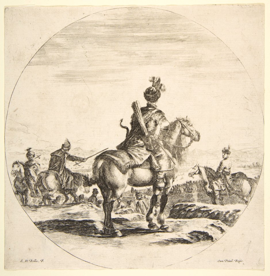 Polish horseman with a bow and arrow, seen from behind with his horse facing right, a circular composition, from 'Figures on Horseback' (Cavaliers nègres, polonais et hongrois) MET DP817541