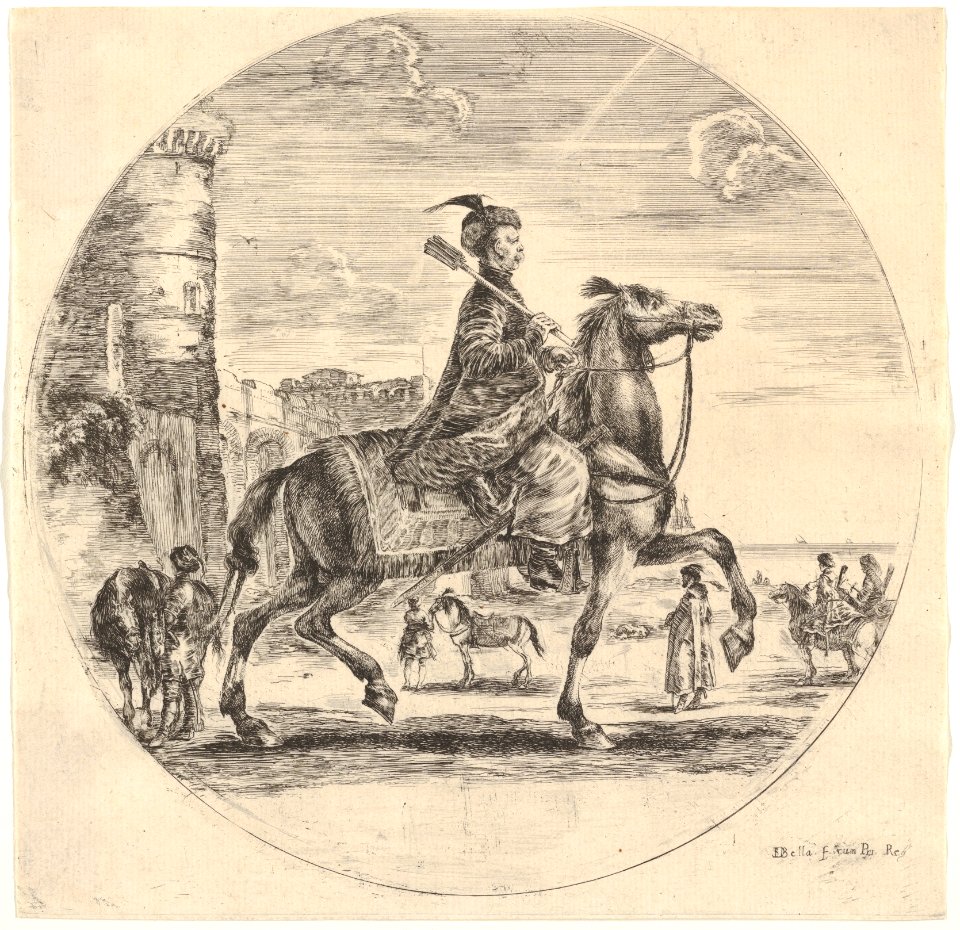 Polish horseman in profile facing right, a tower and other figures on horses in background, a circular composition, from 'Figures on Horseback' (Cavaliers nègres, polonais et hongrois) MET DP833230