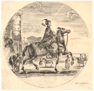Polish horseman in profile facing right, a tower and other figures on horses in background, a circular composition, from 'Figures on Horseback' (Cavaliers nègres, polonais et hongrois) MET DP833230
