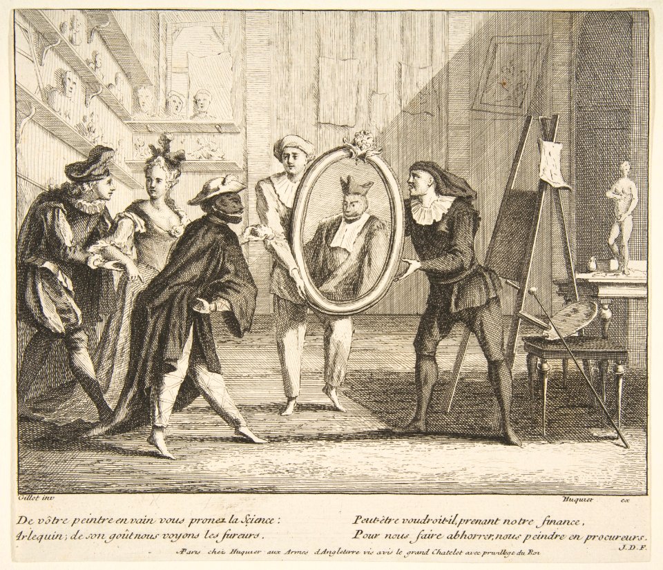 Pierrot and Scaramouche show the portrait of Harlequin MET DP815063