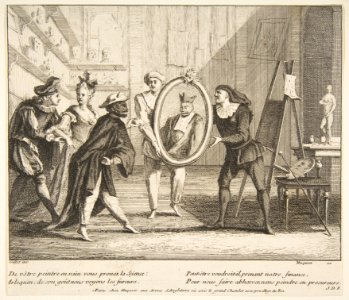 Pierrot and Scaramouche show the portrait of Harlequin MET DP815063