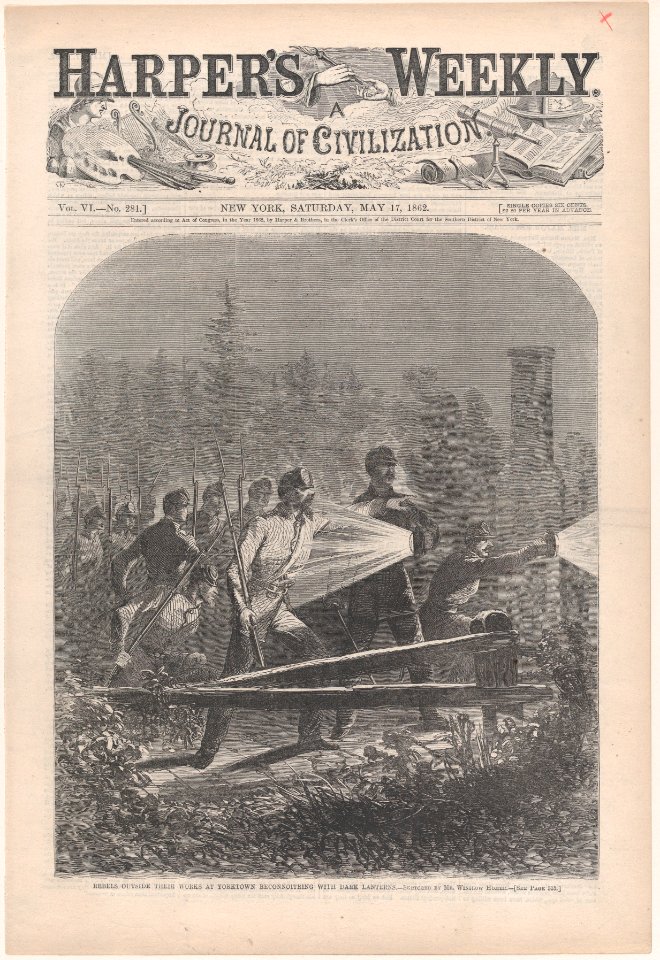 Rebels Outside Their Works at Yorktown, Reconnoitring -sic- with Dark Lanterns – Sketched by Mr. Winslow Homer (Harper's Weekly, Vol. VI) MET DP875212