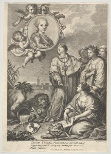 Portrait of the future Holy Roman Emperor Leopold II as the Archduke of Austria and Grand Duke of Tuscany, set within a roundel upper left, allegorical figures representing the arts and sciences below MET DP832040