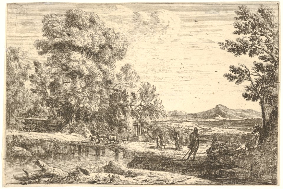 Rebecca and Eliezer taking leave of her father, Bethuel, set in a landscape, a large tree to the left MET DP832451