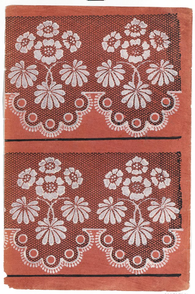 Red sheet with two borders with a white floral pattern atop a black lace pattern Met DP886329
