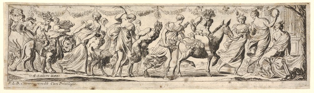 Procession of draped women leading captives and animals, at left Envy rides a lion, at right Silenus rides a donkey, from a series of twelve frieze-like designs showing bacchanals, sacrifices, and dances MET DP833484