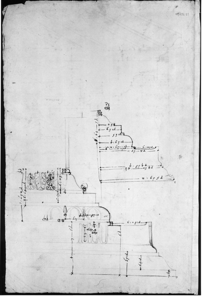 Portico Octavia, pediment and entablature, elevation; pediment, elevation (recto) Temple of Antoninus and Faustina, entablature, elevation (verso) MET sf68 769 50v-MM43696