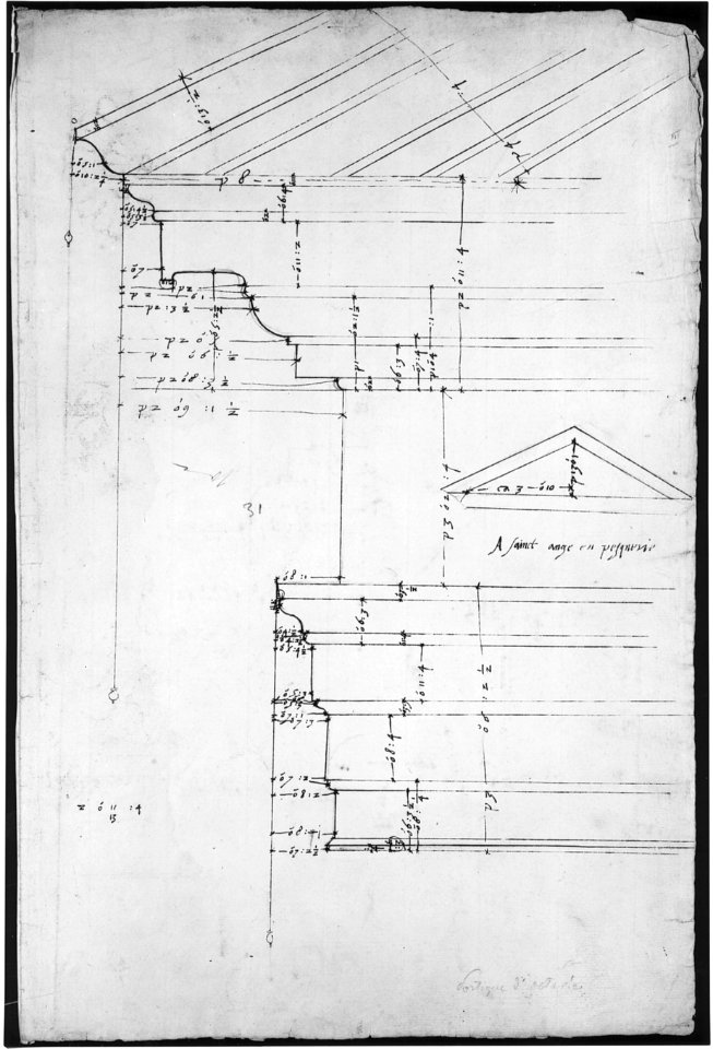 Portico Octavia, pediment and entablature, elevation; pediment, elevation (recto) Temple of Antoninus and Faustina, entablature, elevation (verso) MET sf68 769 50r-MM43695