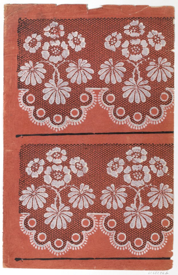 Red sheet with two borders with a white floral pattern atop a black lace pattern Met DP886328