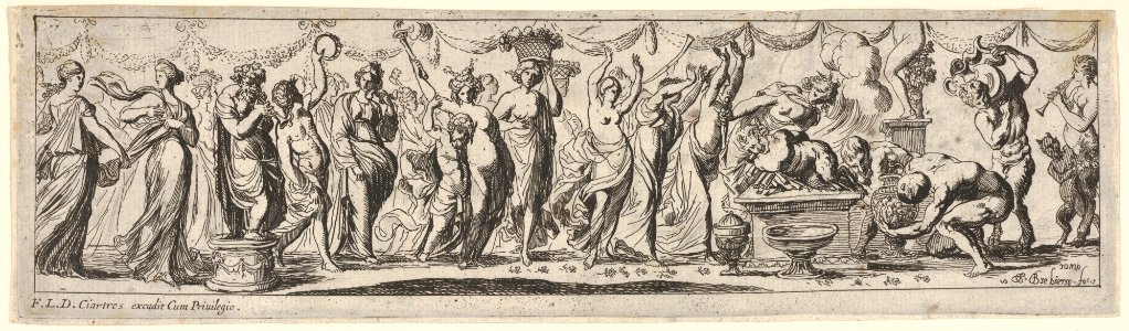 Procession of draped female dancers, women bearing baskets, and male musicians, at right a satyr lies bound on a pyre, from a series of twelve frieze-like designs showing bacchanals, sacrifices, and dances MET DP833480. Free illustration for personal and commercial use.