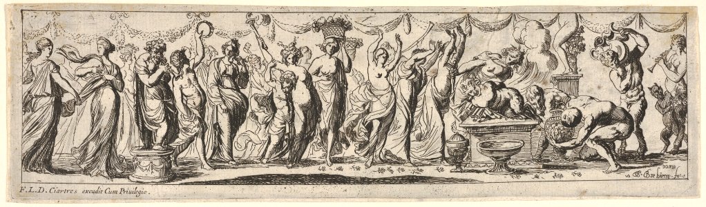 Procession of draped female dancers, women bearing baskets, and male musicians, at right a satyr lies bound on a pyre, from a series of twelve frieze-like designs showing bacchanals, sacrifices, and dances MET DP833480