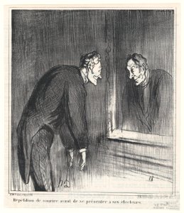 Rehearsing his smile before presenting himself to his constituency, from 'News of the day,' published in Le Charivari, April 20, 1869 MET DP877751