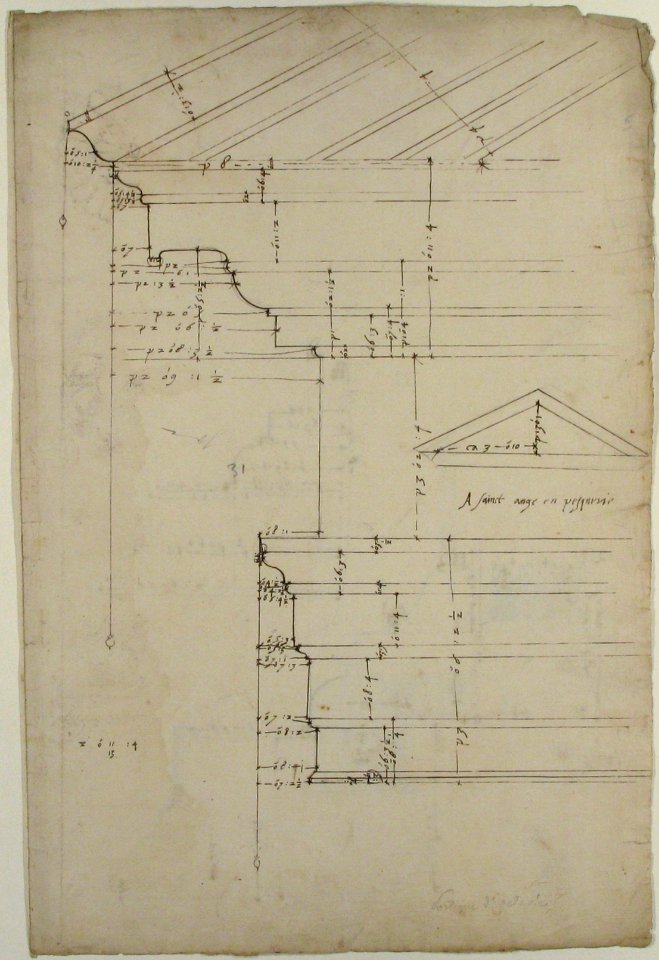 Portico Octavia, pediment and entablature, elevation; pediment, elevation (recto) Temple of Antoninus and Faustina, entablature, elevation (verso) MET 68.769.50recto