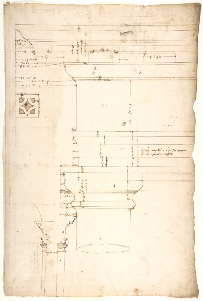 Portico at the Porta Carmentalis, Tuscan capital and entablature, elevation; pier, section, detail (recto) S. Prassede, Quadriportico, Doric capital, elevation; Palazzo Massimo alle Colonne, column shaft, profile (verso) MET DP810848