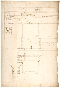 Portico at the Porta Carmentalis, Tuscan capital and entablature, elevation; pier, section, detail (recto) S. Prassede, Quadriportico, Doric capital, elevation; Palazzo Massimo alle Colonne, column shaft, profile (verso) MET DP810848