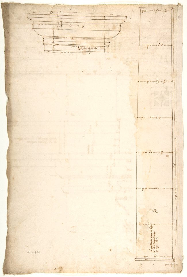 Portico at the Porta Carmentalis, Tuscan capital and entablature, elevation; pier, section, detail (recto) S. Prassede, Quadriportico, Doric capital, elevation; Palazzo Massimo alle Colonne, column shaft, profile (verso) MET DP810849