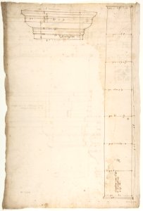 Portico at the Porta Carmentalis, Tuscan capital and entablature, elevation; pier, section, detail (recto) S. Prassede, Quadriportico, Doric capital, elevation; Palazzo Massimo alle Colonne, column shaft, profile (verso) MET DP810849