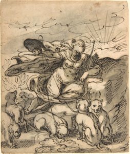 Recto- Diana Resting with Her Hounds; Verso- Flora Seated by a Vase with Two Harks on the Ground, after Jost Amman MET DP803125