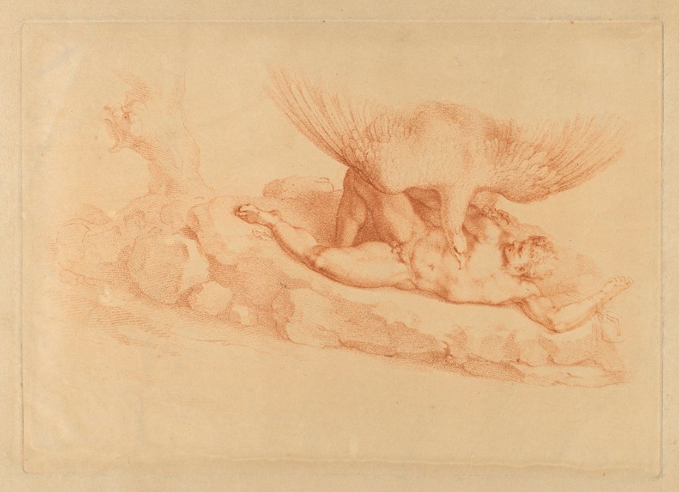 Prometheus, naked, chained to a rock, looking up at an eagle standing over him MET DP846537
