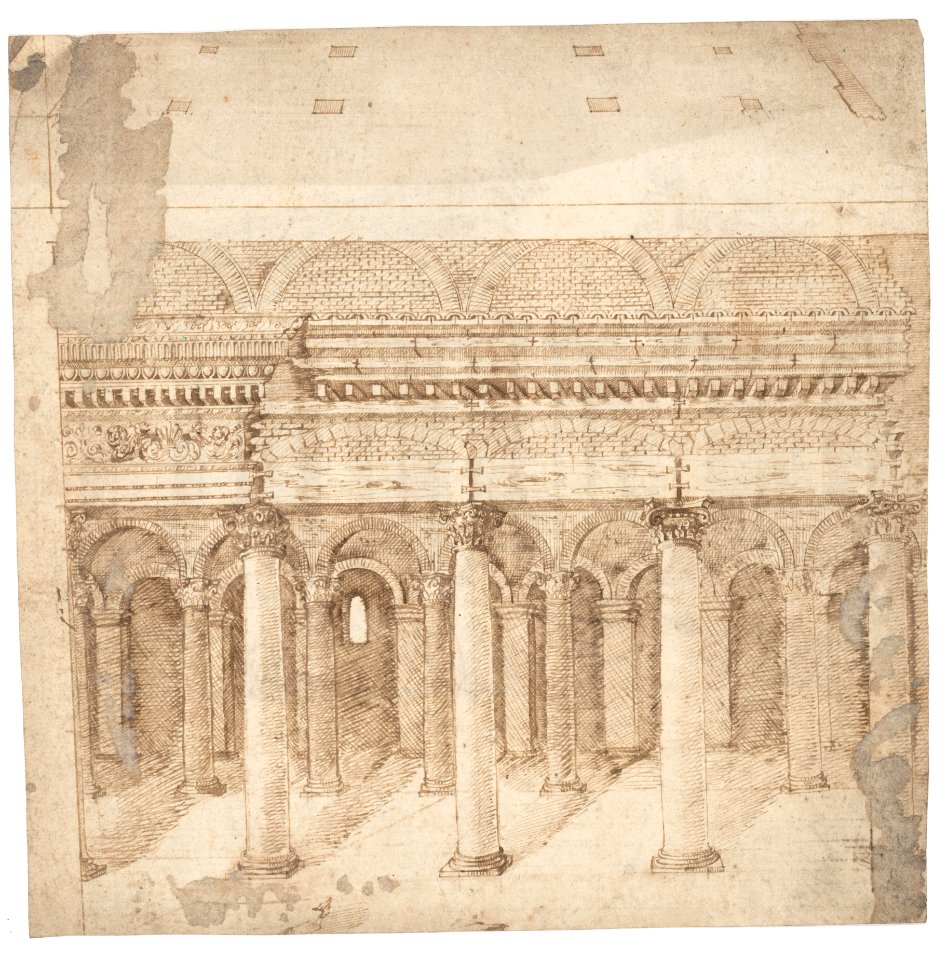 Recto- Front Elevation of a Roman Temple in Ruins (inspired by Giuliano da Sangallo); Verso- Elevation of the Nave of a Roman Basilica in Ruins (? the Basilica Giulia, inspired by Giuliano da Sangallo). MET DP160086