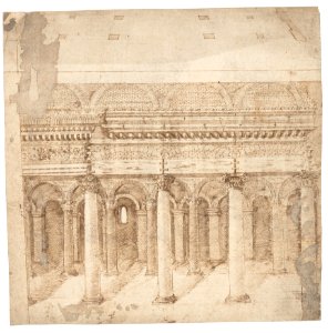 Recto- Front Elevation of a Roman Temple in Ruins (inspired by Giuliano da Sangallo); Verso- Elevation of the Nave of a Roman Basilica in Ruins (? the Basilica Giulia, inspired by Giuliano da Sangallo). MET DP160086