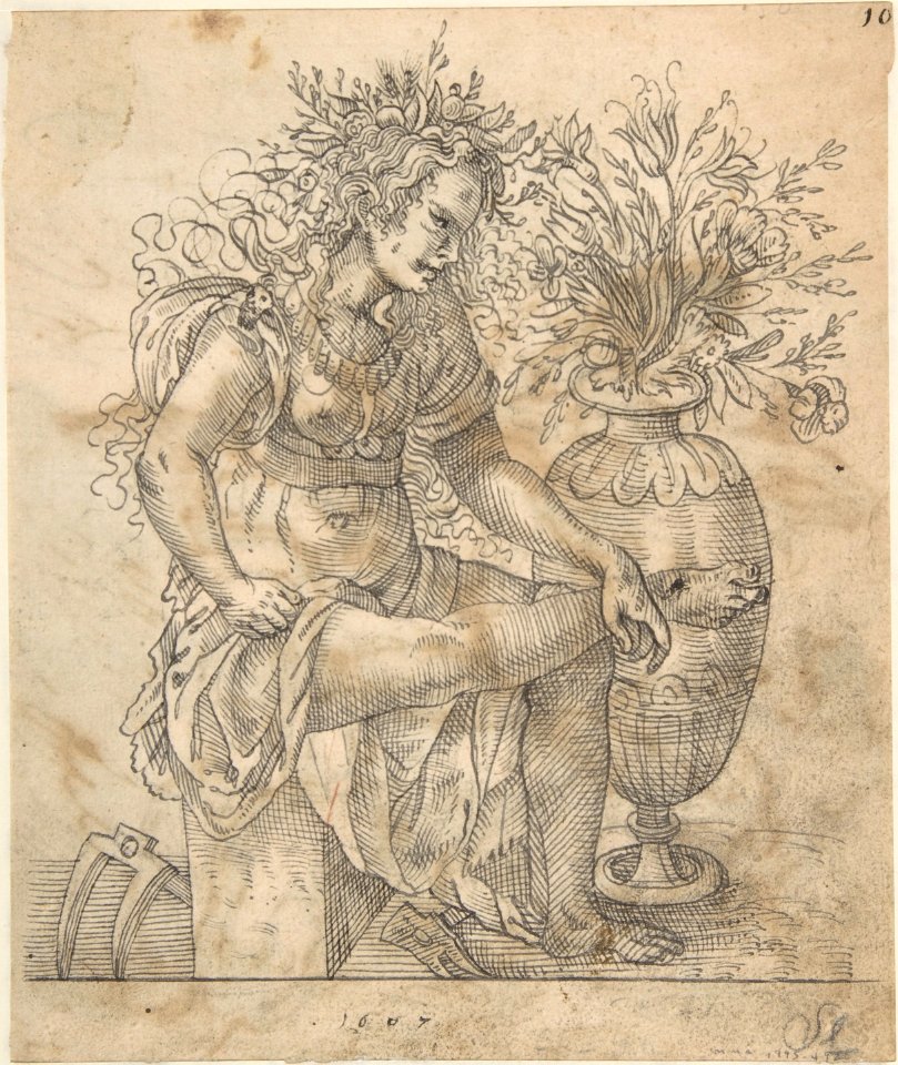 Recto- Diana Resting with Her Hounds; Verso- Flora Seated by a Vase with Two Harks on the Ground, after Jost Amman MET DP803126