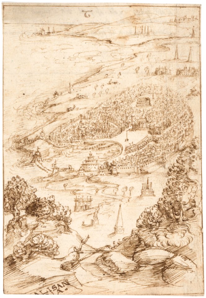 Recto- The Port City of Alexandria (? Allusion to Dinocrates's Building of Alexandria, Vitruvius, Book 2, introduction, no. 1); Verso- Fragmentary Writing ("Libro Primo..."). MET DP160093