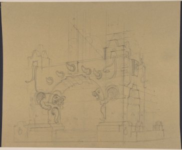 Project for Mesoamerican Style Arch with Grotesques and Horns. Verso- Sketch for a set design MET DP800074