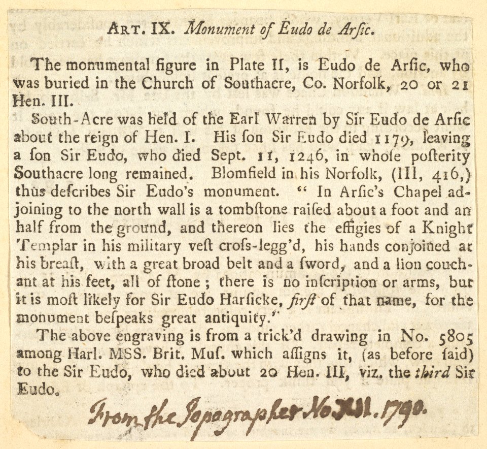 Printed Text Desribing the Monument of Eudo de Arsie (from The Topographer, no. XII, 1790) MET DP829105