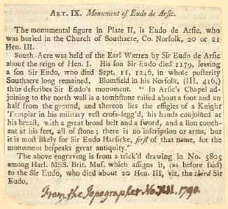 Printed Text Desribing the Monument of Eudo de Arsie (from The Topographer, no. XII, 1790) MET DP829105