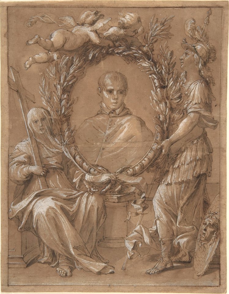 Portrait of an Ecclesiastic Flanked by a Female Saint and Athena MET DP802554