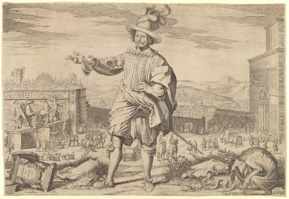 Portrait of Ioannes Altus (Johann Alten), of the Swiss Guard, standing by the Quirinal and pointing out the antiquities of Rome MET DP837534