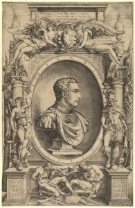 Portrait of Giovanni de' Medici facing right within an elaborate cartouche flanked by Victory at the left and Mars at right, winged figures holding Medici coat of arms upper centre MET DP847234