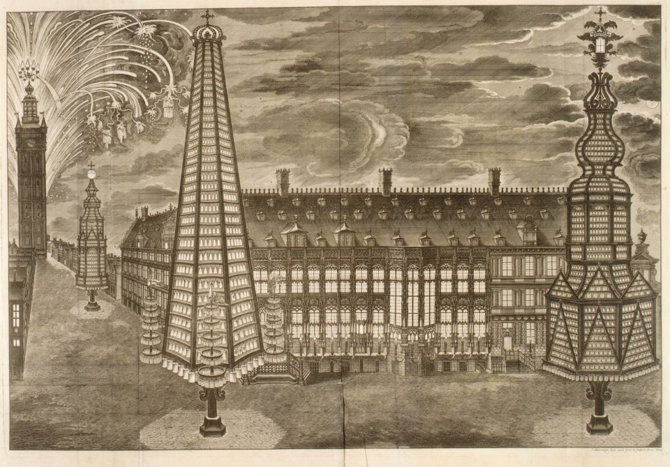 Relation de l' Inauguration Solemnelle de Sa Sacrée Majesté Imperiale et Catholique Charles VI .. comme Comte de Flandres. -Illuminations at the Hôtel de Ville and Fireworks behind the Belfry, Ghent, October 19, 1717- MET DR157